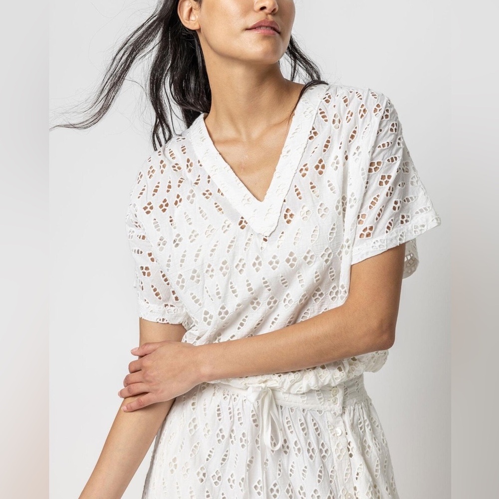 Lilla P White Cotton Eyelet Dolman Short Sleeve Drawstring Waist Boho Top Small
